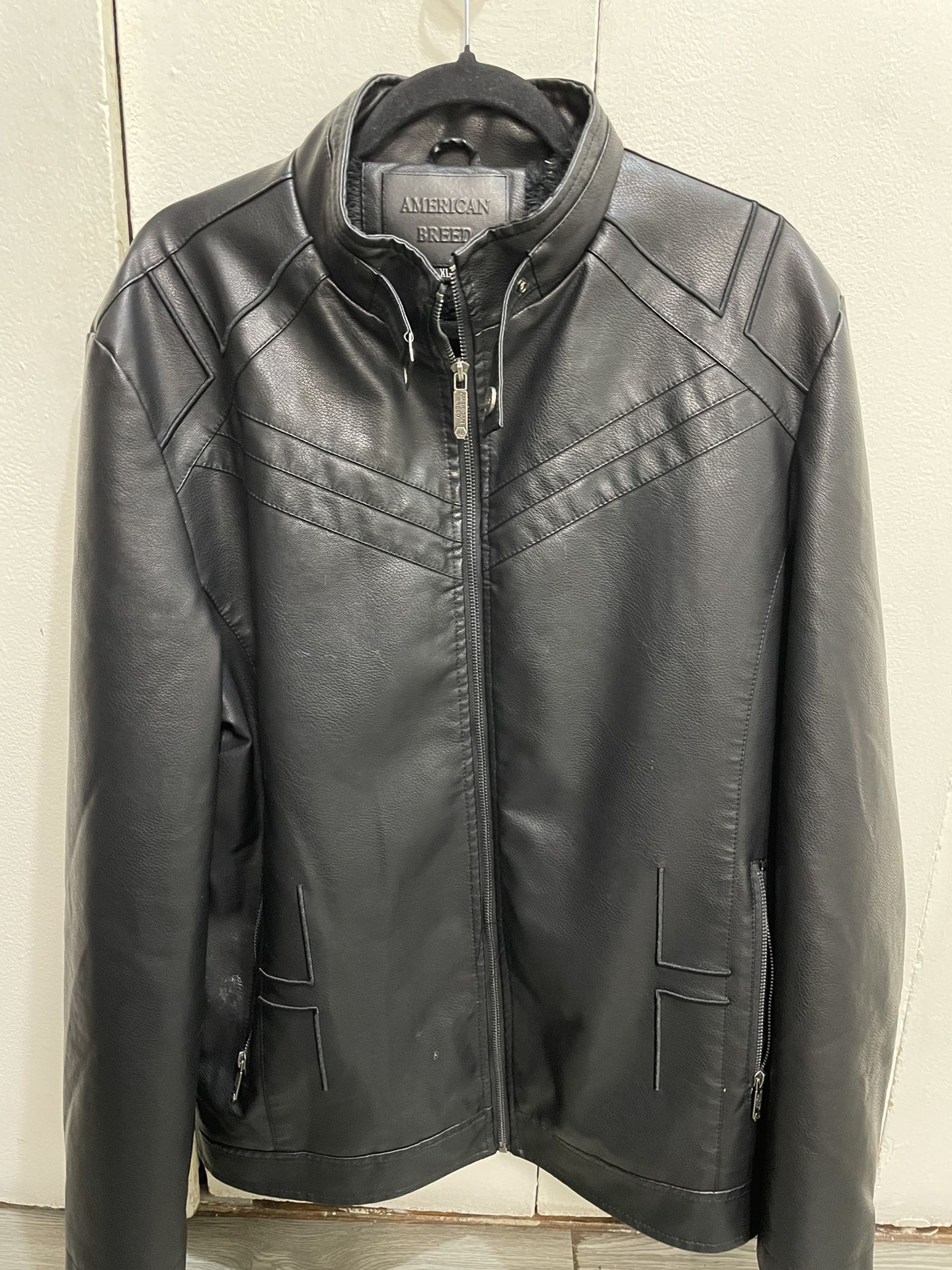 American Breed Black Faux Leather Jacket XL – Warm Fur Lining, Zip Front
