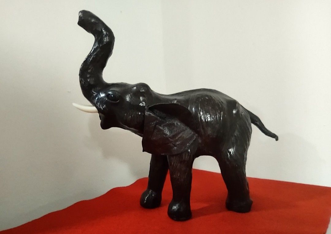Leather Wrapped Elephant Sculpture Animal Statue; 10" H x 12" L.
