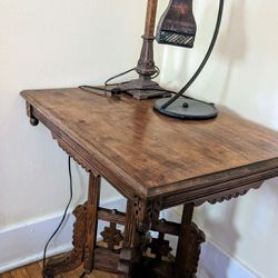 Beautiful Antique Solid Wood Table On Wheels. 