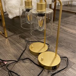 Set of 2 Industrial Table Lamps with 2 USB Port, Gold 
