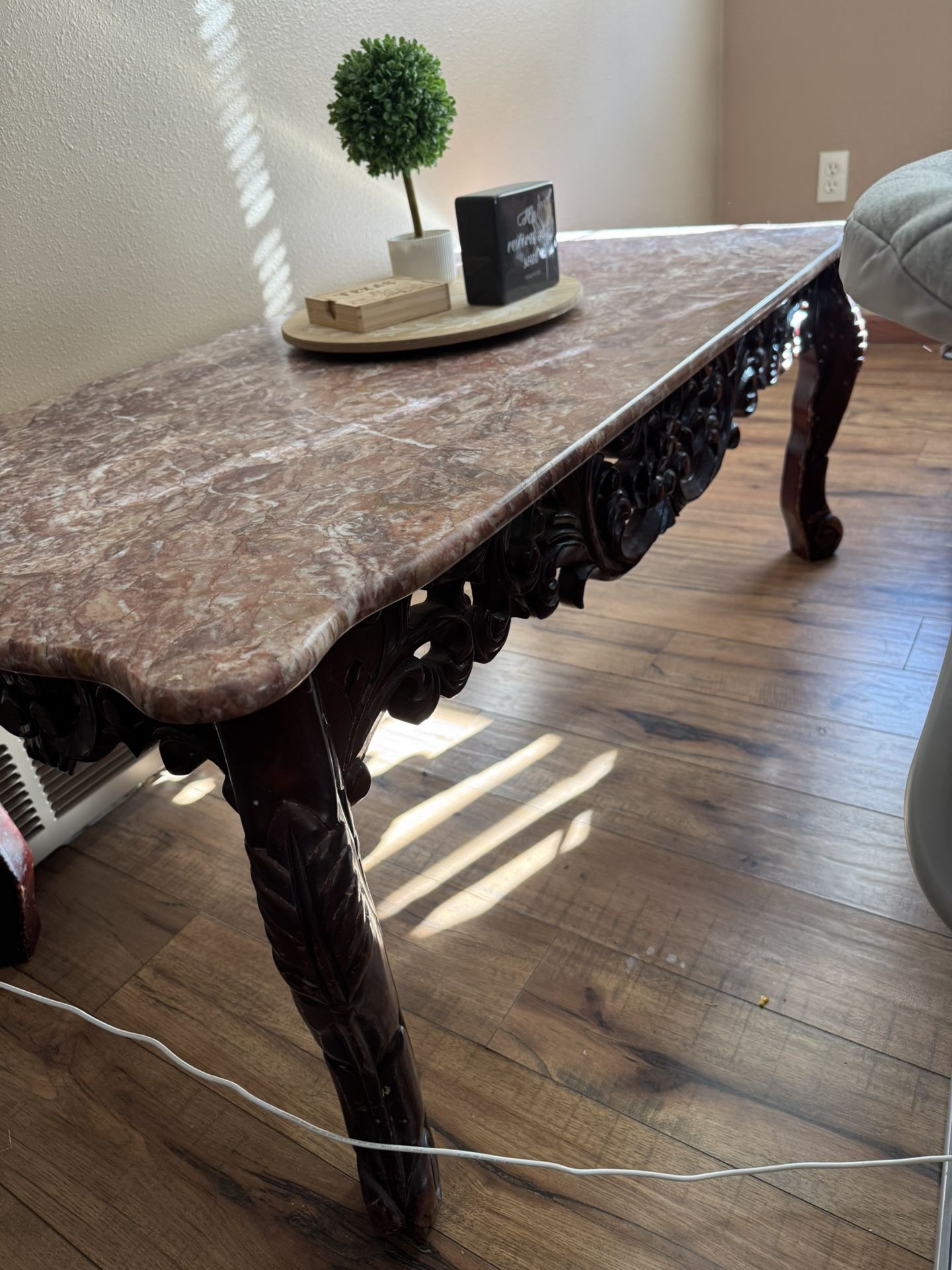 Chinese Hand Carved Rosewood Pink Marble Top Side Tables - a Pair