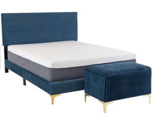 BLUE SUEDE QUEEN SIZED BED FRAME W. OTTOMANS