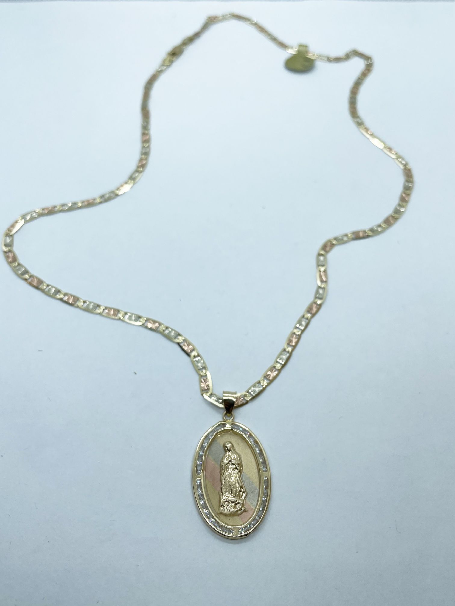 14k Solid Gold Valentina Chain And Virgen Maria Charm ,Necklance Gold Pendant