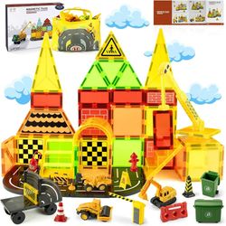Magnetic Tile Kids Magnetic Construction Set with Crane,Magnetic Building Blocks for Boys Girls Ages 3-5 5-7 8-12,Includes Truck Toys,Crane,Road Track