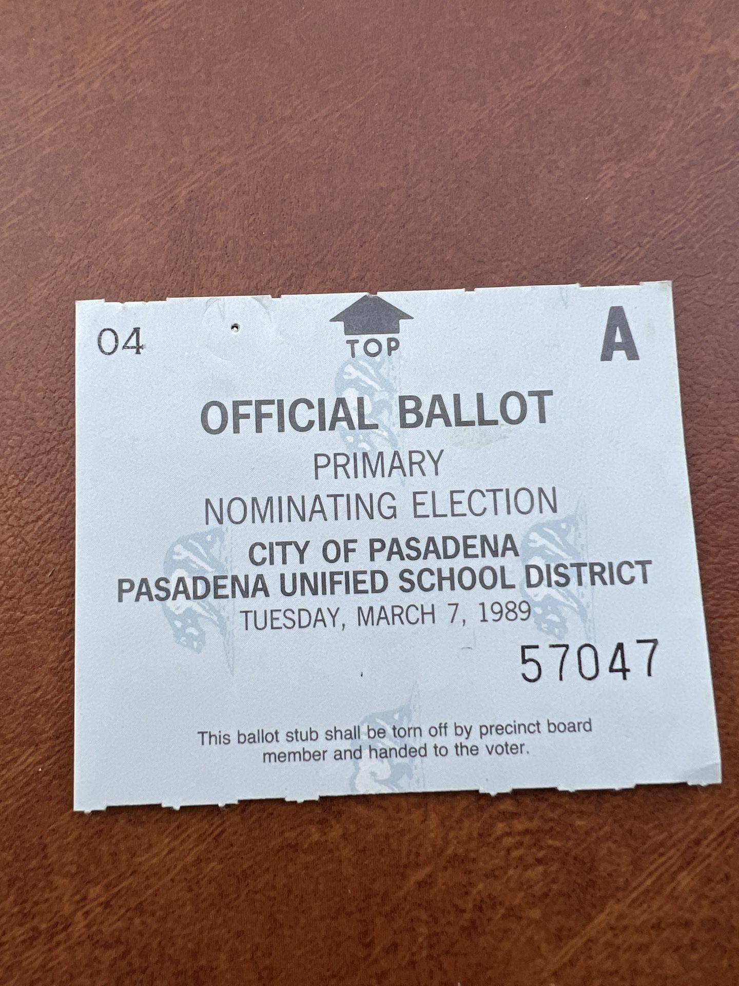 3/7/89 Official Ballot Primary Nominating Election Pasadena