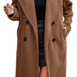 Women Long Sherpa Coat - Fuzzy Faux Fur Trench Jackets Winter Fleece Button Cardigan With Pockets
