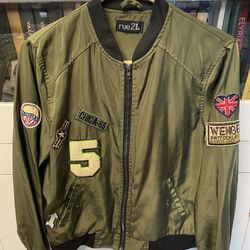 Women's RUE 21 Bomber Jacket Size Medium Olive Army Green Travel Patches