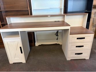 65'' Home Office Desk with Power Outlets, Storage Cabinet and Printer Stand, Study Writing Desks with Long Monitor Stand, Brown and White