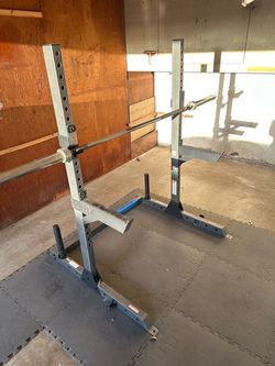 Multi-use Squat Rack / Bench Press Stand + Weight Plates and Weight Plate Storage Rack (bench not included)