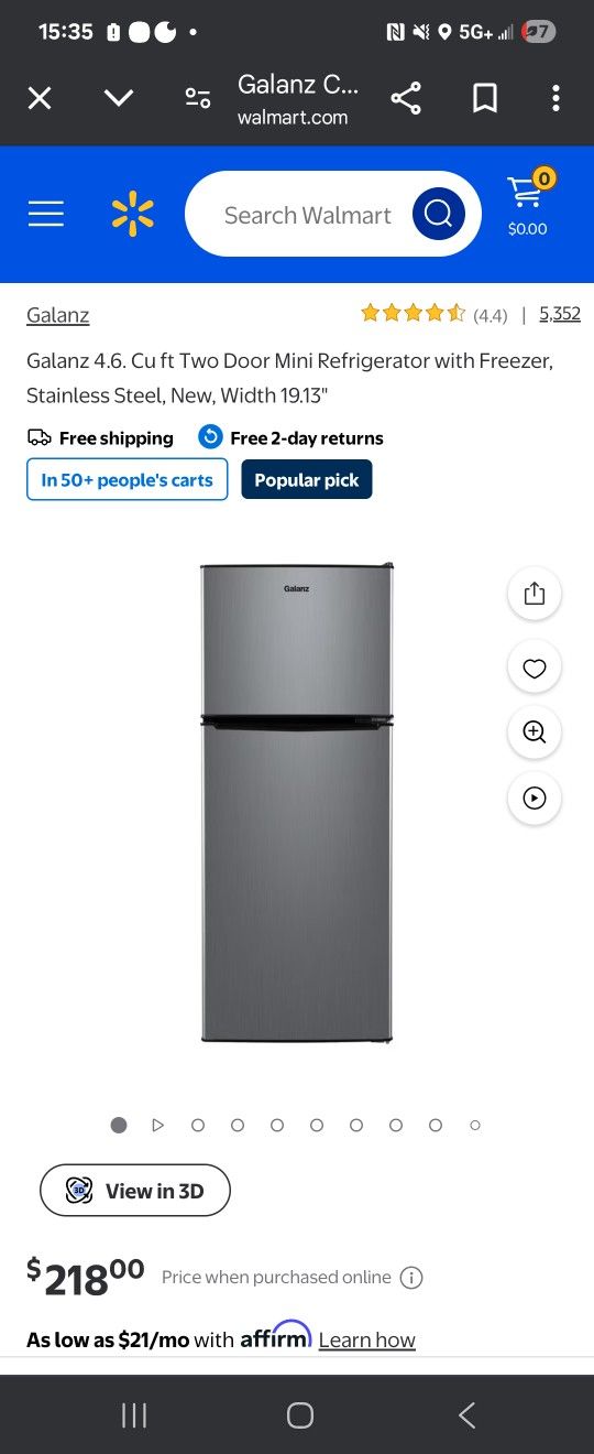 Galanz 4.6. Cu ft Two Door Mini Refrigerator with Freezer, Stainless Steel