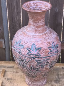 Large Brazilian Terracotta Floor Vase with Carved Leaf Design