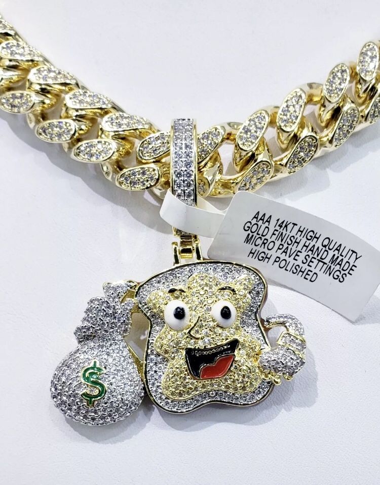 Hip Hop Iced Out Sandwitch Holding Money Bag Pendant w/ 24" Iced or Plain Miami Cuban Chain Necklace