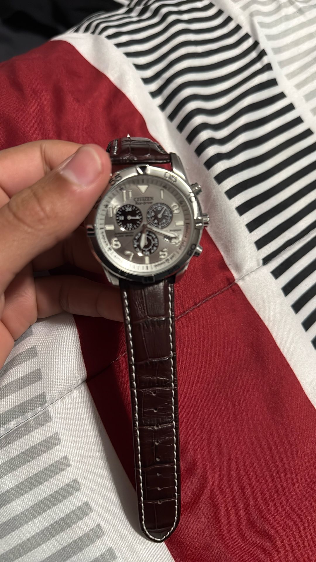 Citizen Eco-Drive Chronograph Watch – Silver Case / Brown Leather Strap