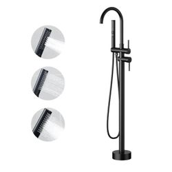 new Free Standing Bathtub Faucet Set: SR SUN RISE Floor Mount Tub Filler with 3-Function Handheld Shower Head, Matte Black High Flow Brass Freestandin