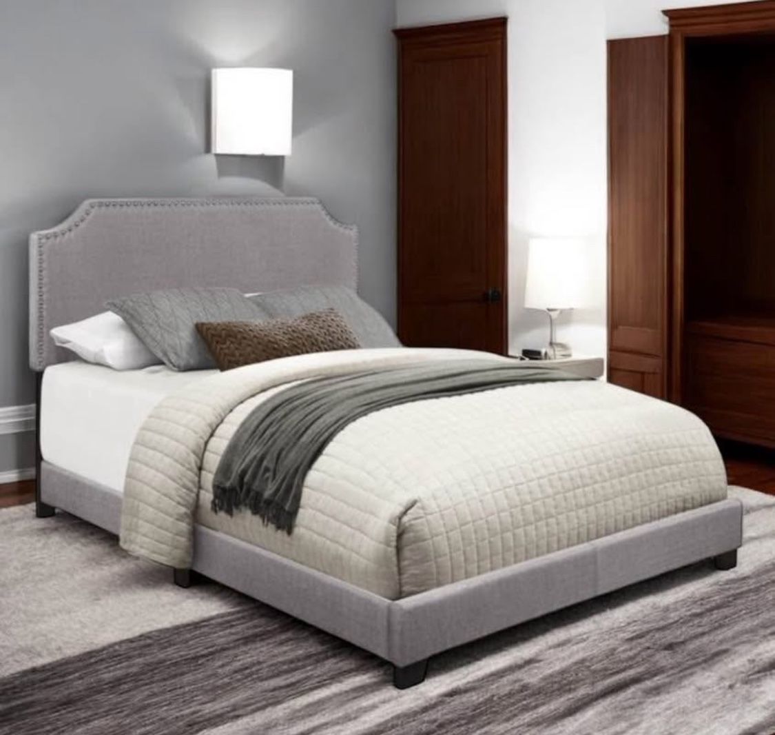 New King Size Light Grey Upholstered Bed