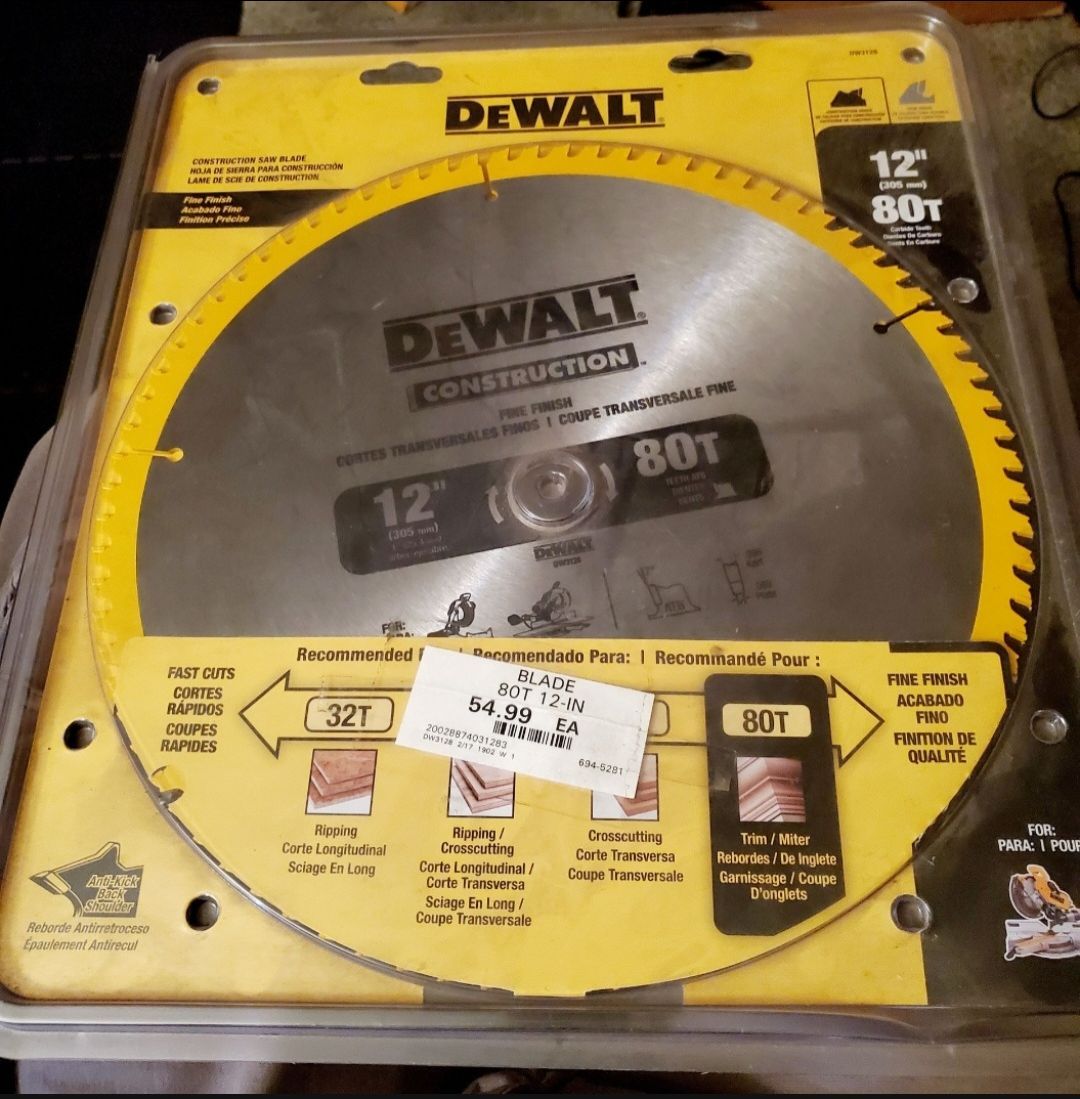 NEW DeWalt DW3128 12” 80T Carbide Fine Finish Saw Blade