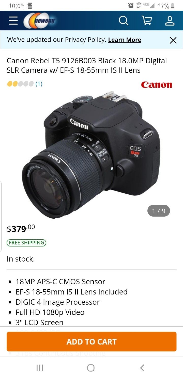 Canon Rebel T5 9126B003 Black 18.0MP Digital SLR Camera w/ EF-S 18-55mm IS II Lens