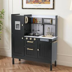 Play Kitchen for Kids, Wooden Toy Toddler Kitchen Sets, Sturdy Pretend Cooking Playset with Storage & Accessories, Realistic Light & Sound, Stove, Fri