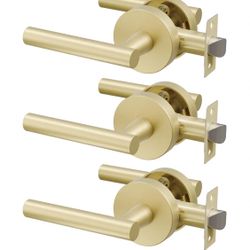 3 Pack Brushed Gold Passage Door Handles, Streamlined Closet Door Lever Handles, Heavy Duty Hall Door Handle Brass, Brushed Gold Hallway Passage Doors