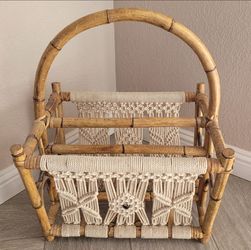 Vtg Bamboo Macrame Magazine Or Album Handled Basket Boho Retro 70's