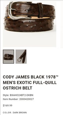 Brand new with tags Cody James Black 1978 Genuine Ostrich Belt. Retail price is $169. Only asking $60. Size 36. Got as gift and needed different size.