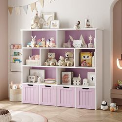 7 Cube Toy Storage Organizer, Kids Geometric Bookcase and Bookshelf with 4 Drawers, Pink