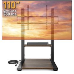 Floor TV Stand with Power Strip for 50–110 inch TVs up to 250 lbs, Universal Standing TV Mount, Height Adjustable Tall TV Mount with Wood Base & Adjus