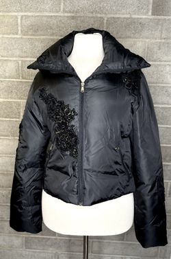 GUESS Y2K Black Puffer Jacket Medium Floral Appliqué Velvet Embroidery