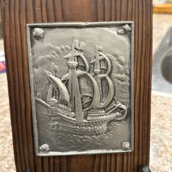 Sailing Ship Pewter  on plaque wood! Mid Century Style 