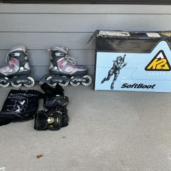 K2 Athena Rollerblades Size 7.5 + Wrist, Elbow & Knee Pads