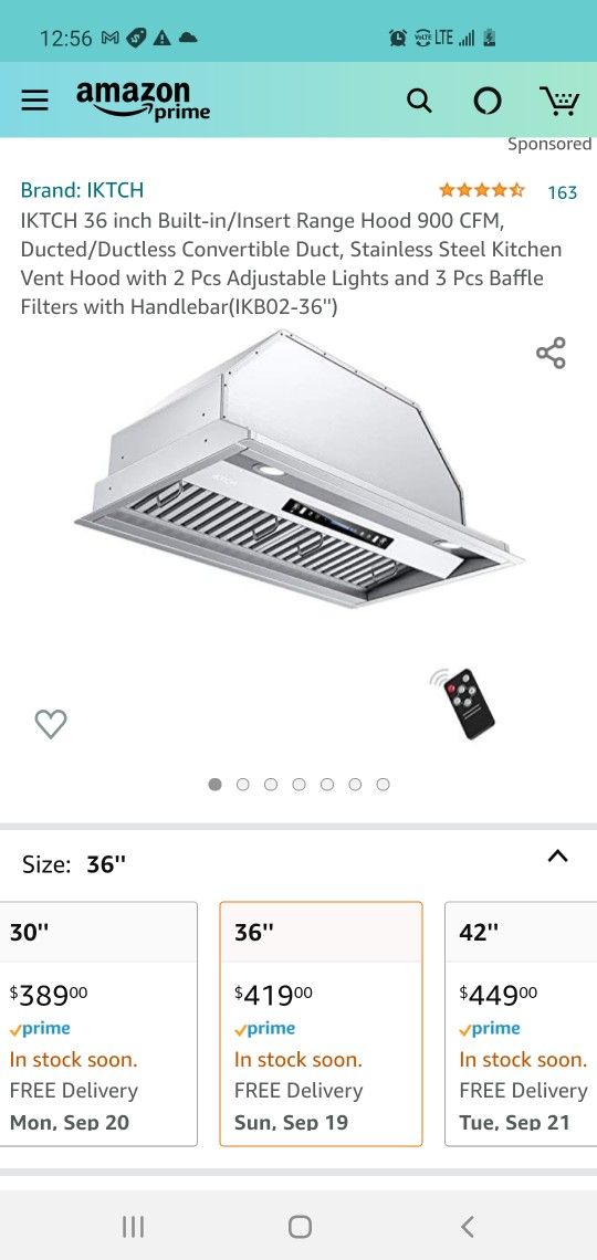 $300 IKTCH IKB02-36" KITCHEN RANGE HOOD