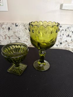 Beautiful Avocado Green Teardrop Glass Goblet & Square Champagne Sherbert Glass