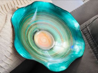 Glass decorative, Centerpiece bowl with swirling teal, green, and gold colors.