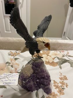 Hand-Carved Bald Eagle Sculpture on Natural Amethyst Crystal Base