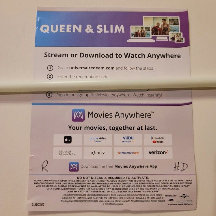 $4 DIGITAL HD MOVIE. QUEEN & SLIM. $4 OR TRADE FOR A MOVIE TITLE I DO NOT ALREADY OWN.