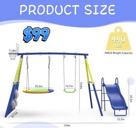 😀 Swing Sets for Backyard with Kids Slide Outdoor Heavy-Duty Metal Playset for Kids  5 in 1 Swing Set with Slide, Saucer Seat, Belt Seat, Soccer Goal
