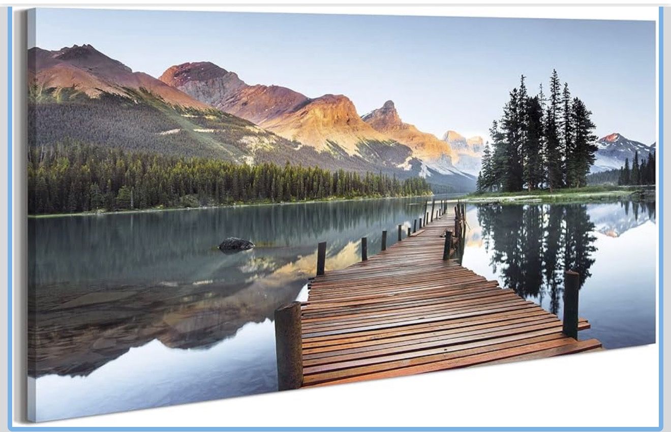 Lake Cabin Near Mountains Wall Art Canvas Decor (40” x 20”)