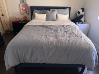 Dark blue bed frame and one night stand