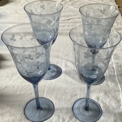 Long Stemmed Etched Blue Wine Glasses