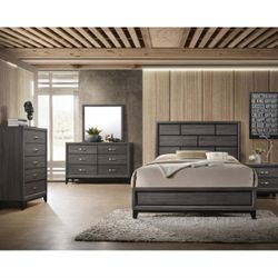 Brand New Gray Queen Bedframe + Dresser + Mirror + Nightstand 4PCs Bedroom Set