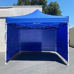 (New) $140 Heavy Duty 10x10ft Popup Canopy with 3 Sidewalls, White/Blue