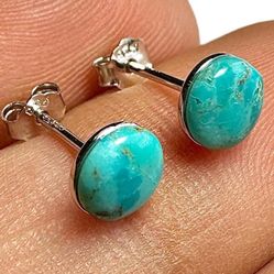 Turquoise Stud Earrings, Genuine Turquoise 6mm Studs, 925 Sterling Silver Stud Earrings, Dainty Minimalist Studs, Boho Gift