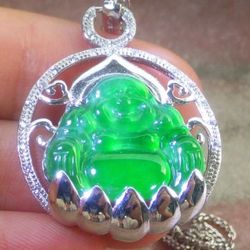 Certificate Jadeite Jade Sterling gold silver 925 Grade A good luck Icy Green Buddha God Pendant 