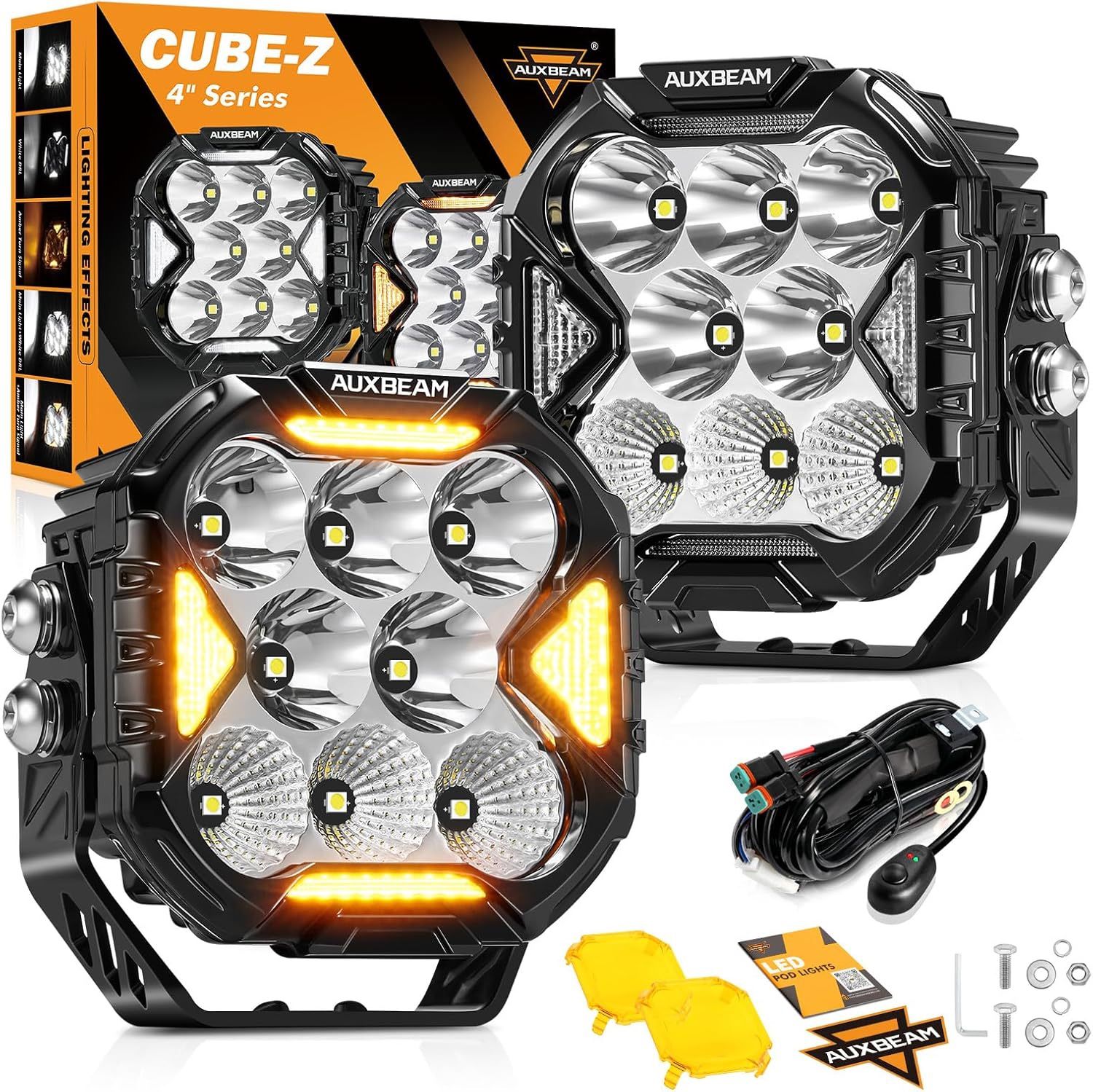 Auxbeam Cube-Z Series 4” LED Pods Lights with Amber Covers 112W 12800 LM Flood Spot Combo Offroad Driving Lights with DRL Turn Signal