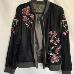 A.N.A. Floral Velour Embroidered Black Bomber Jacket  Zip Size XL Pockets