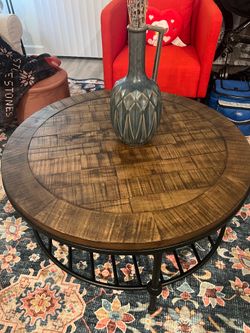Real brown wood and steel coffee table