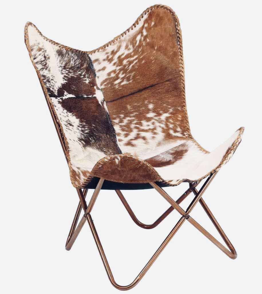 Genuine Goat Leather Butterfly Arm Chair with Black/Brown White Hair on Cover (White and Brown with Ross Gold)