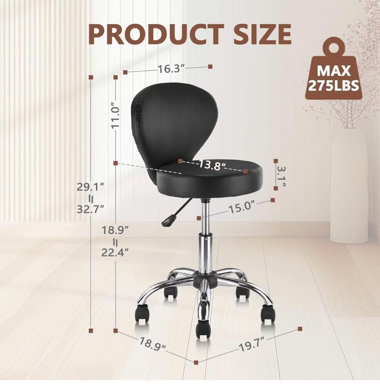 🥨Leather Rolling Swivel Salon Stool Chair with Back Support Adjustable Hydraulic Seat Height 22 in for Office Massage Facial Spa Medical Drafting Tat
