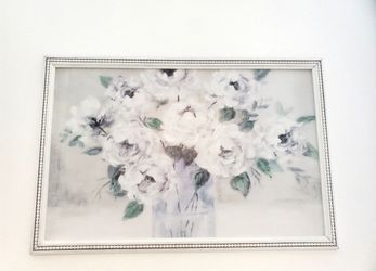 Framed floral painting with white flowers