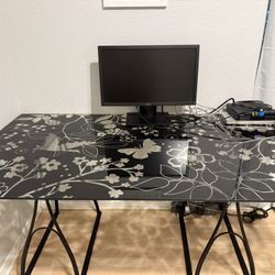 IKEA Glass Desk with Butterfly Design and Black Metal Bases